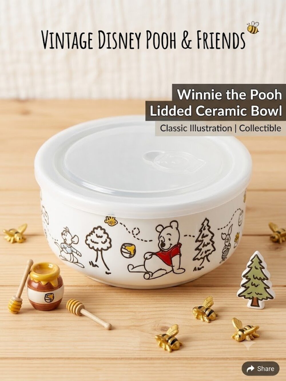 Disney Winnie-the-Pooh Ceramic Bowl With Lid Covered Dish By Zrike Vented Bowl